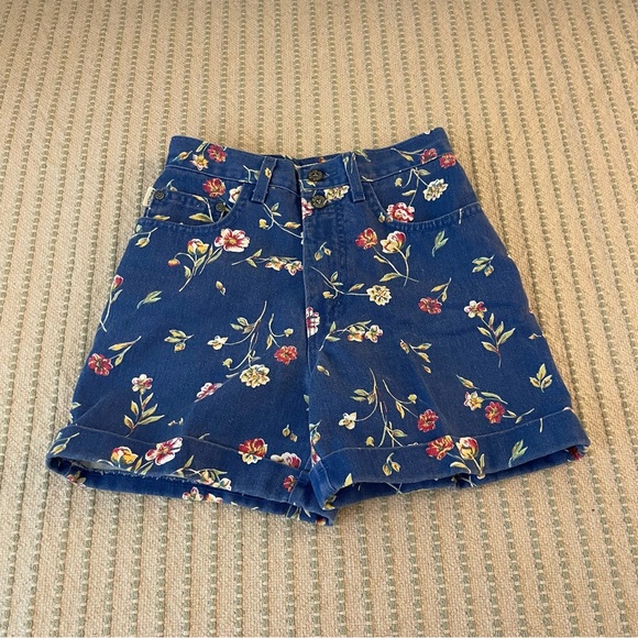 Vintage - Arizona Floral Blue Denim Shorts - Size: 3 - 100% Cotton